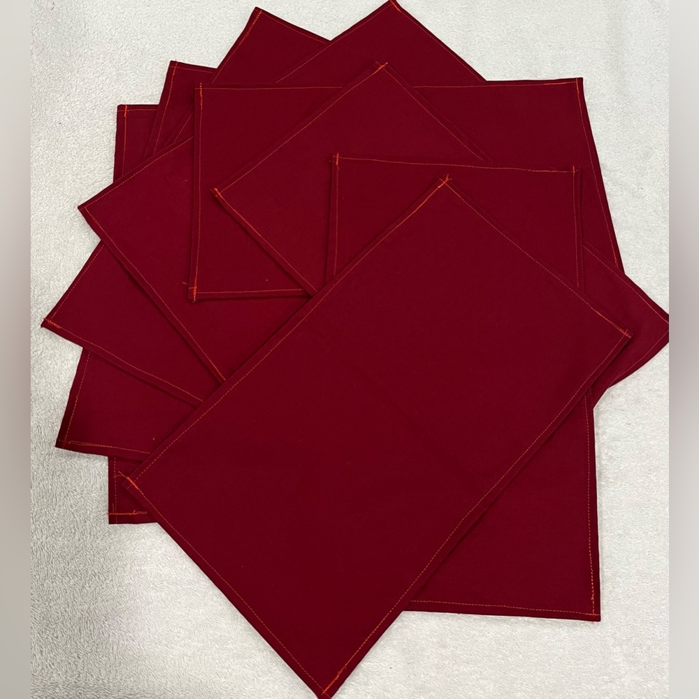 Handmade 8-Piece Fabric Napkin Set 16”x10” Deep Red with Contrast Stitching